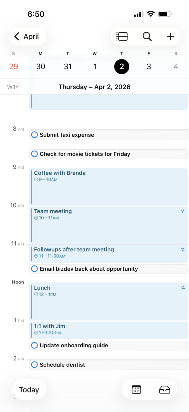 An iPhone Calendar day view: meetings as blue blocks, with reminders like 'Submit taxi expense' and 'Schedule dentist' slotted into the free gaps between them.